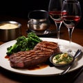 Juicy steak, with potatoes, broccoli sauce, glasses of wine and a candle