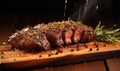 A Juicy Steak on a Rustic Cutting Board with a Fresh Rosemary Sprig Royalty Free Stock Photo