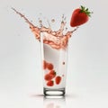 Glass of strawberry juice with cut in half fruit and splashing isolated on white background. Royalty Free Stock Photo