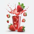 Glass of strawberry juice with cut in half fruit and splashing isolated on white background. Royalty Free Stock Photo