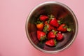 Juicy strawberry in metal bowl on pink background. View from the top. Royalty Free Stock Photo