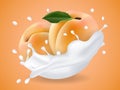 Juicy sweet apricot in milk splash. Milkshake with peach. Royalty Free Stock Photo