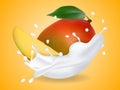Juicy sweet mango in milk splash. Milkshake with mango.