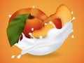 Juicy sweet peach in milk splash. Royalty Free Stock Photo