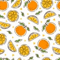 Juicy tangerine seamless pattern. Slices and leaves of tangerine. Geometry. Abstract hand-drawn background.