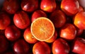 Juicy Tarocco orange cut in half on top of a bed of whole blood oranges.