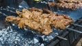 Kebab cooking, beef meat, roasted meat, roasted meat, meat cooked, meat shish, metal skewers Royalty Free Stock Photo