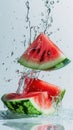 Juicy tasty pieces of watermelon flying in the air with drops of juice and water on a white background. Levitating fruit Royalty Free Stock Photo