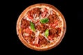 pizza with tomatoes and bolognese sauce top view on black background Royalty Free Stock Photo