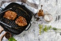 Juicy thick grilled beef steak seasoned with rosemary fresh o viewed from above in a close up view Royalty Free Stock Photo