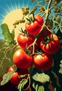 Juicy tomatoes ripen on a bush in the sun. AI generated.