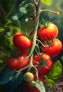 Juicy tomatoes ripen on a bush in the sun. AI generated.