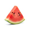 Juicy triangular slice of ripe watermelon with black seeds and green rind fruit Royalty Free Stock Photo