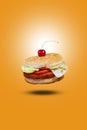 Juicy VEG BURGER flying , hamburger or cheeseburger with one chicken patties. Concept of American fast food. Copy space