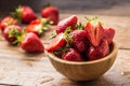 Juicy washed strawberries in wooden bowl on kitchen table Royalty Free Stock Photo