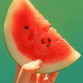 Juicy watermelon slice Hand holding isolated on green background, close Royalty Free Stock Photo