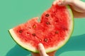 Juicy watermelon slice Hand holding isolated on green background, close Royalty Free Stock Photo