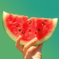 Juicy watermelon slice Hand holding isolated on green background, close Royalty Free Stock Photo