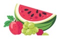 Juicy watermelon slice beside ripe red apple and green grape bunch. Fresh summer fruits vector illustration. Healthy