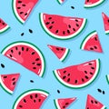 Juicy watermelon slices with seeds seamless pattern