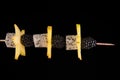 A juicy yellow carambola, blackberries and dragon fruit on a wooden stick on a dark black background. Finger food