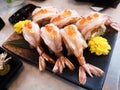 Juicy yummy tasty delicious freshness traditional Japanese style food raw seafood shrimps sashimi set on dark plate