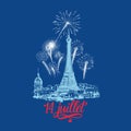 14 Juillet. Sketch of Eiffel Tower and fireworks.