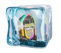 Jukebox frozen in ice cube, 3D rendering