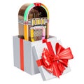 Jukebox inside gift box, gift concept. 3D rendering