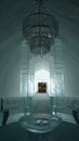 Jukkasjarvi, Sweden, February 27, 2020. a glimpse of the interior room of the ice hotel