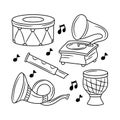 Doodle Musical Instruments, black white hand drawn style