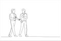 Cartoon of two businessman chatting whilst crossing street. Single continuous line art style Royalty Free Stock Photo