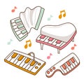 Doodle various types of piano, colored hand drawn style