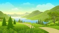 Footpath on the hill with lake, valleys and mountains vector illustration