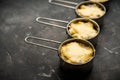 Julienne with chicken, cheese and mushrooms served in small metal bowl