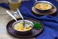Julienne with mushrooms and bechamel sauce with cheese, served with white wine. Rustic style