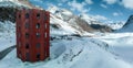 Julier Theater Tower on the Julier Pass in winter. Canton of Graubuenden