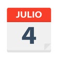 Julio 4 - Calendar Icon - July 4. Vector illustration of Spanish Calendar Leaf