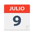 Julio 9 - Calendar Icon - July 9. Vector illustration of Spanish Calendar Leaf