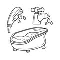 Bathtub, shower and tap, hand drawn vector illustration