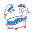 Bathtub, shower and tap, colored hand drawn vector