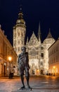 Julius Jakoby statue in front of Saint Elizabeth's Cathedral in city Kosice, Slovakia