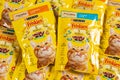 July 2023. Dnipro, Ukraine: Many Friskies packs of pets meal. Friskies owned by Nestle Purina PetCare Company, a subsidiary of Royalty Free Stock Photo