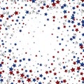 July 4 background with stardust frame. Red and blue stars border for American Independence Day graphic design.