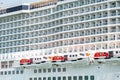 Row of Lifeboats and cabins on a huge Cruise Ship Royalty Free Stock Photo