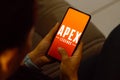 July 10, 2023, Brazil. In this photo illustration, the Apex Legends logo is displayed on a smartphone screen Royalty Free Stock Photo