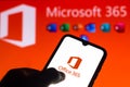 July 27, 2021, Brazil. In this photo illustration the Microsoft Office 365 logo is seen on a smartphone and a pc screen Royalty Free Stock Photo