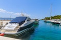 7 July 2021 Brela, Croatia: Yachts are parked near the shore. Parking for yachts and boats.