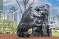 Risbane Australia Upside down elephant - The World Turns -statue by river in Central Business District with urban