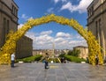 July 2019 - Brussels, Belgium: Arch on the Mont des Arts made of yellow bicycles for the start of the 2019 Tour de France